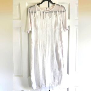 ELIE TAHARI • White with White Stripes Pencil Dress and Mesh Sleeves, Si…